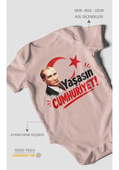Morivokids Yaşasın Cumhuriyet Kısa Kollu Bebek Body %100 Pamuk Pastel Pembe