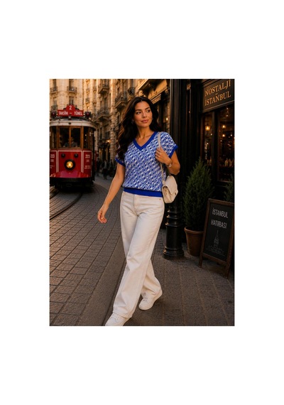 Hira Life Fashion Sfg Life Moda Kadın V Yaka Kare Desenli Şık Süveter Mavi Mavi