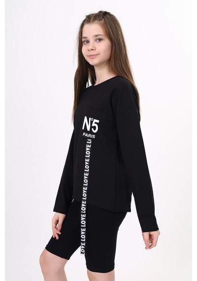 Toontoy Kız Çocuk Cep Üstü Baskılı Sweatshirt Siyah
