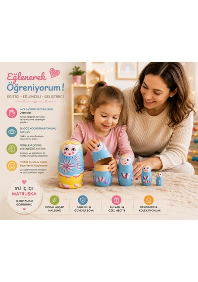 El Boyaması İç İçe Geçen Dekoratif Oyuncak 5'li Ahşap Matruşka Rus Bebek Seti Ev Dekoru Hediye Mavi Hediyelik Eşya 83280714