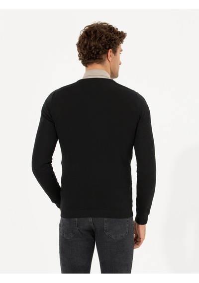 Cacharel Siyah Slim Fit V Yaka Basic Triko Kazak