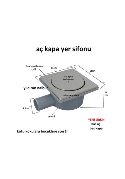 Yersifonu Aç Kapa Yandan Yer Sifonu Gideri Krom Paslanmaz 32
