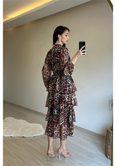Neşeli Butik Kadın Leopar Desenli Kat Kat Volanlı Şifon Elbise Nm014 Kahverengi
