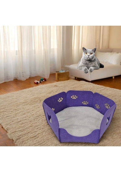 Kedi Yatağı Yuvası Evi Minderli Taşınabilir 3 Mm Keçe Altıgen Tasarım Yuva+minder Mor