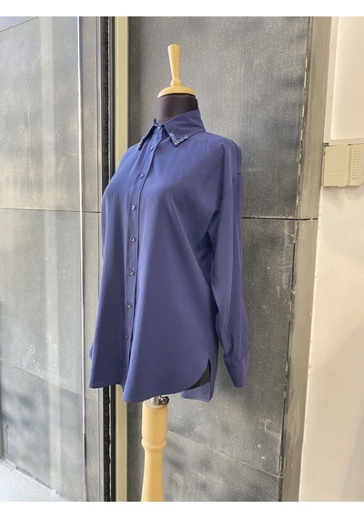 Pera Moda Yakası Taşlı Modal Kumaş Oversize Kadın Gömleği İndigo