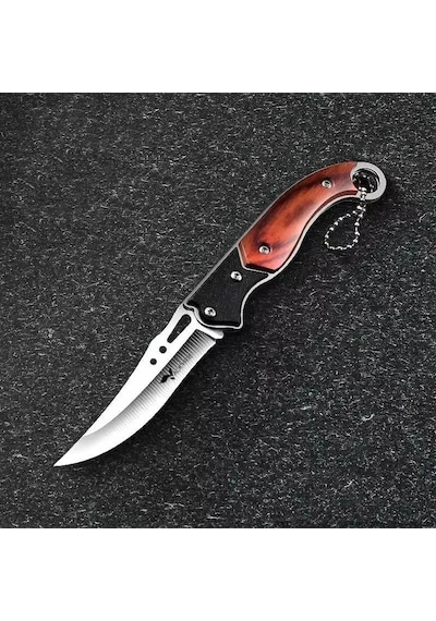 Valkyrie Paslanmaz Çelik Mini Katlanır Kamp Bıçak Kavisli Keskin Kamp Bıçak, Plastik Tutma, Anahtarlık Halkalı Kahverengi