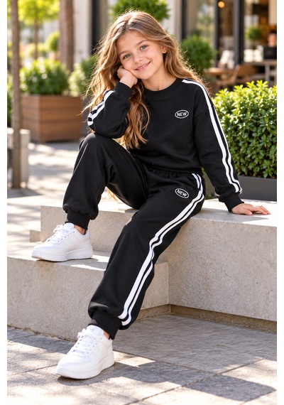 New Kids Kız Çocuk Takım Uzun Kol 3 İp Şrd New Baskı Kollar Şeritli Paça Detaylı Takım Syh-91278 Siyah