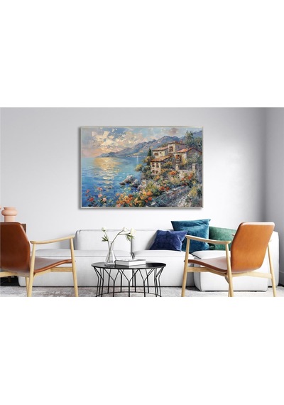 Yağlı Boya Dokulu Tablo Modern Spatula Akdeniz Evleri Manzarası Gümüş Çerçeveli U06041-179006