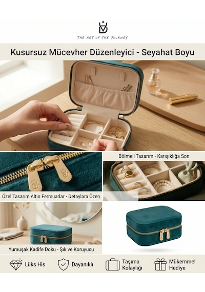 Takı Kutusu Düzenleyici Seyahat Çantası Kolye Yüzük Küpe Organizer Kadife Petrol Yeşili 12cmx8cm