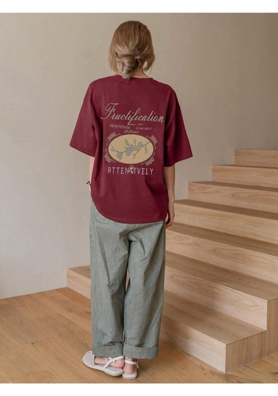 Flood Of Style Kadın Bordo Fructification Baskılı Oversize T-shirt