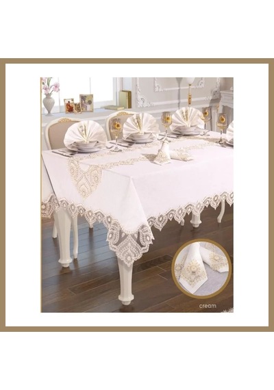 Kahveci.store Kartanesi Gardenya Keten Yemek Takımı Masa Seti 12 Kişilik 26 Parça 160 220 Cm Runner Set Krem 22