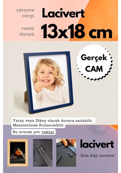 Lacivert-20mm Çerçeve Camlı 13x18 Cm Fotoğraf Resim Çerçevesi Ayaklı Veya Duvara Asma Yatay-dikey