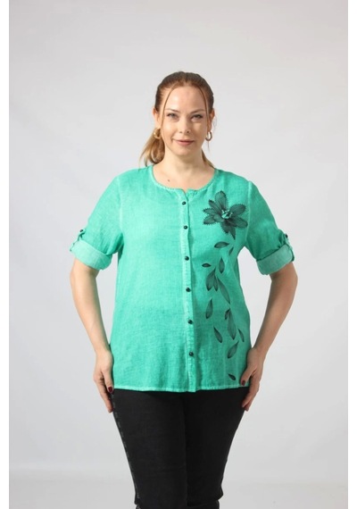 Moda Berray 3293 Yeşil Çiçek Baskılı Organik Keten Kumaş Mevsimlik Gömlek Yeşil