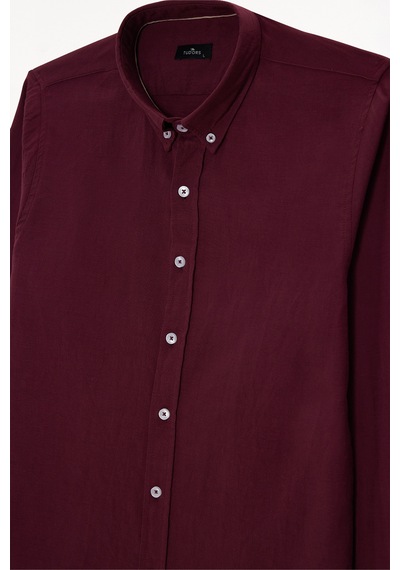 Tudors Erkek Slim Fit Dar Kesim %100 Pamuk Düğmeli Yaka Flam Keten Bordo Gömlek-50270