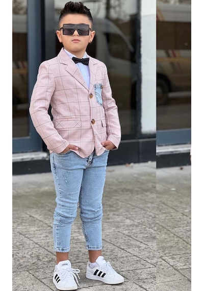 Riccotarz Erkek Çocuk Çizgili Blazer Ceket Kot Pantolon Pudra Şeker Alt Üst Takım Pembe