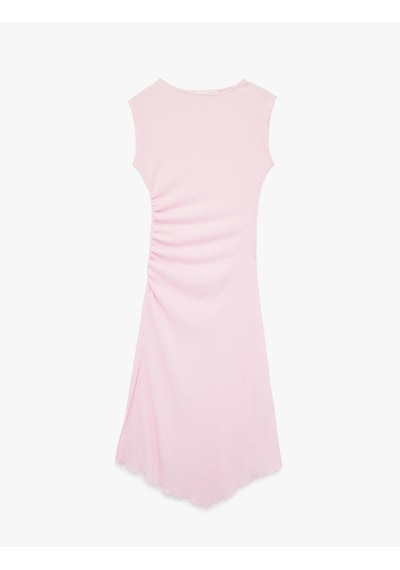 Koton Drape Detaylı Asimetrik Kesim Bisiklet Yaka Kolsuz Midi Elbise Pembe 6sal80121ık Gül