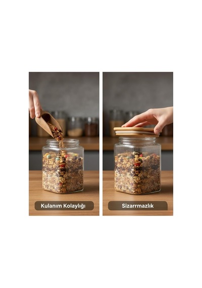 Bambu Kapaklı Kare Cam Kavanoz 350 Ml, Sızdırmaz Contalı, Şeffaf Çizgili Tasarım, Çok Amaçlı Saklama Kabı Çok Renkli