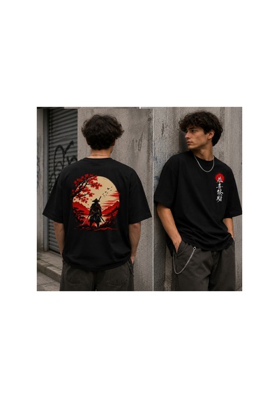 Qmen Style Unisex Siyah Oversize Baskılı T-shirt Japon %100 Pamuk