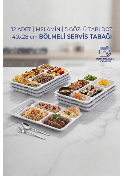 12 Adet Melamin 5 Gözlü Tabldot 40x28 Cm Bölmeli Servis Tabağı Tabak Makinede Yıkanabilir Beyaz
