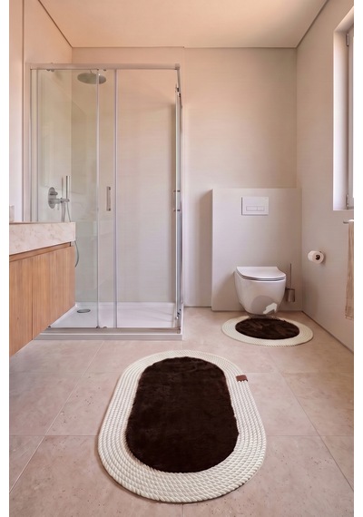 Banyo Paspası Takımı 60x100+60x60 Cm Düz Acı Kahve & Krem