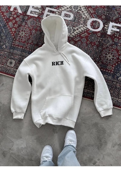 Valensdesign Uzun Kol Kapşonlu Göğüs Baskılı Sweatshirt - Beyaz