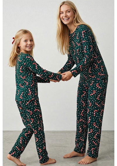 Siyah İnci %100 Pamuklu Puanlı Şeker Baston Desenli Yılbaşı Temalı Örme Pijama Takım Yeşil Puanlı Baston