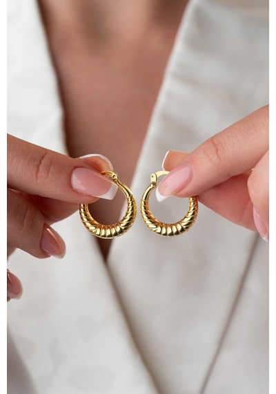 925 Ayar Gümüş Gold Rengi Çizgili Model 20 Mm Şarnel Küpe Gold
