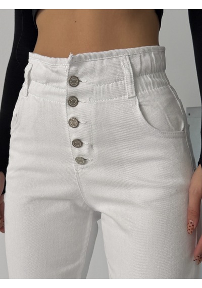 Kadın Beyaz Patlet Düğmeli Kemer Büzgülü Mom Jeans Beyaz