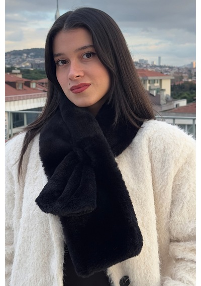 Mollycrush Kadın Siyah Peluş Atkı Kışlık Şık Suni Kürklü Siyah