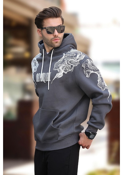 Madmext Füme Kapüşonlu Cep Detaylı Baskılı Erkek Sweatshirt 7052-füme Füme