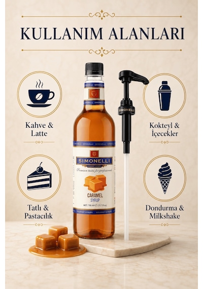 Simonelli Karamel Aromalı Kahve ve Kokteyl Şurubu 700 ML + Şurup Pompası - Latte Frappe Soğuk Sıcak Kahve ve Tatlı Şurubu