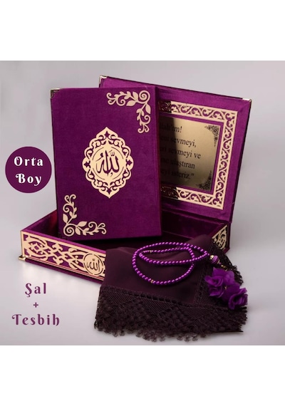 Şal + Tesbih + Kuran Hediye Seti Orta Boy, Şemslafzatullah, Gold Pleksi, Raşel Kutu, Mor