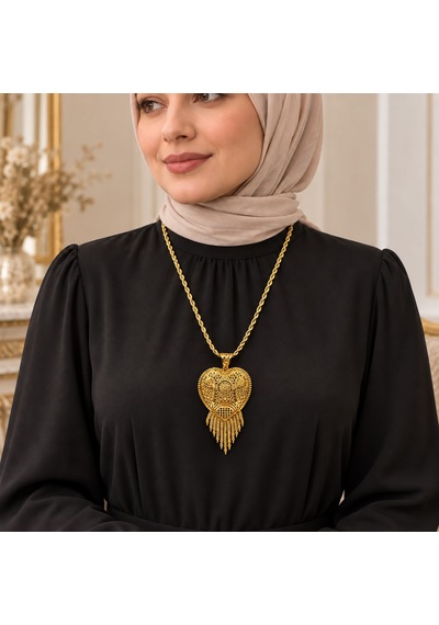 Gold Renk Otantik Hint Modeli Kalp Motifli Sallantılı Uzun Kadın Kolye 60+5 Cm Renkli