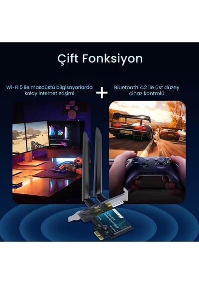 Lexroo Ax1200 Wi-fi 5 Alıcı Ve Bluetooth 4.2 Adaptör 5db Dual Anten Pcıe Wifi Ağ Kartı