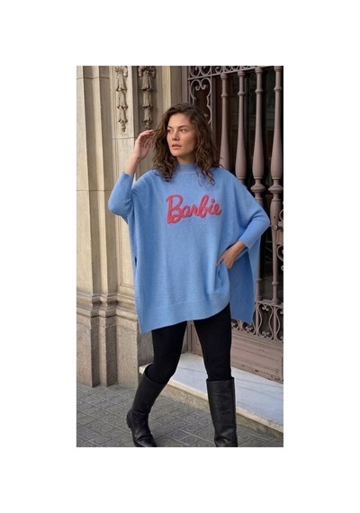 Onno Style Women Barbie Nakışlı Yırtmaçlı Triko Kadın Panço Mavi