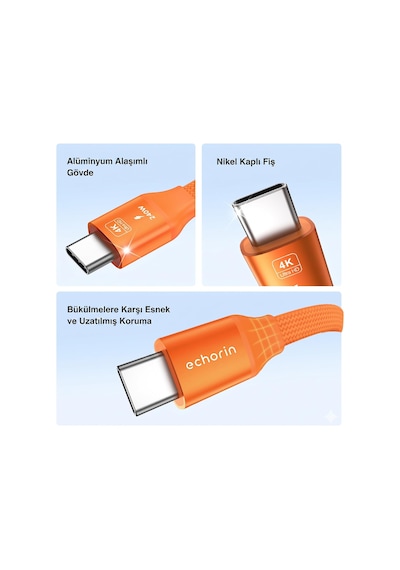 Manyetik Turuncu 240w 20gbps Type-c To Type-c Hızlı Şarj, Görüntü Ve Veri Aktarım Kablosu, İphone, İpad, Macbook, Samsung Galaxy Uyumlu