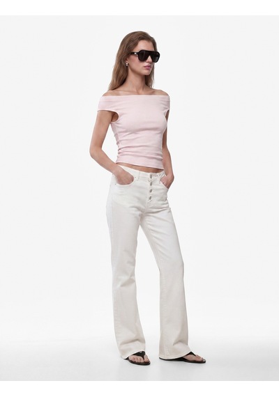 Koton Pamuklu Ribanalı Slim Fit Omzu Açık Madonna Yaka Tişört Pembe 6sak50503ek Gül