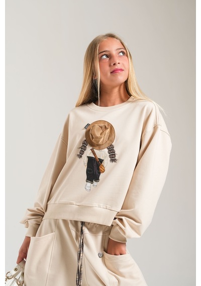 Loco Loco Bej Baskılı Şapka Aksesuarlı Çocuk Sweatshirt