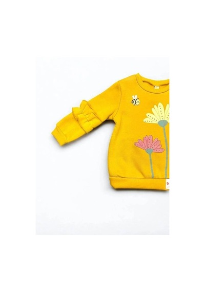 Kız Çocuk Kolları Fırfırlı İçi Şardonlu Çiçek Baskılı Sweatshirt-14348 HARDAL