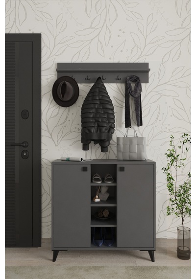 Akasya 2 Kapaklı Ayakkabılık, Vestiyer, Portmanto, Askılık, 90 Cm Antrasit