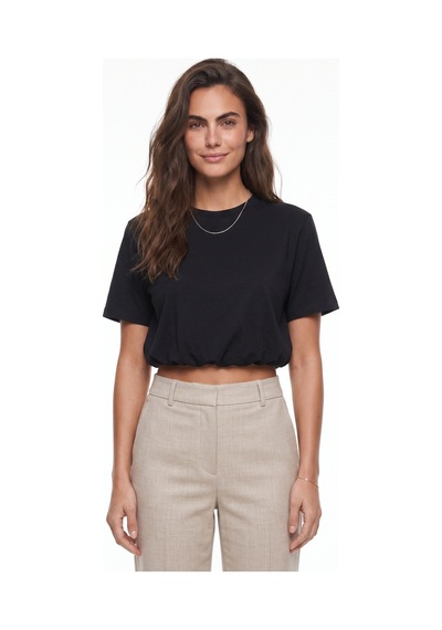 Onloox Kadın Siyah Siyah Viskon Karışımlı Bisiklet Yaka Kısa Kollu Balon Form Beli Lastikli Crop T-shirt Onloox Kadın Siyah Siyah Viskon Karışımlı Bisiklet Yaka Kısa Kollu Balon Form Beli Lastikli Crop T-shirt