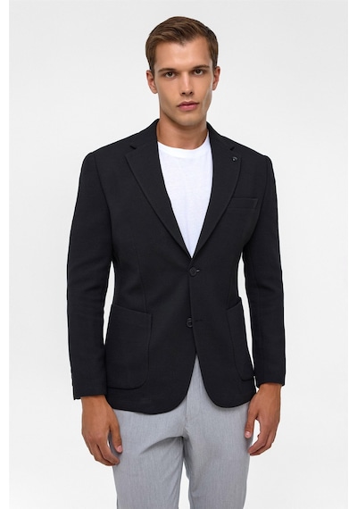 Süvari Siyah Slim Fit Desenli Mono Yaka 6 Drop Ceket-38403 Siyah