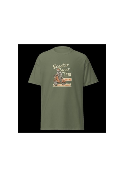 Wildstyle Scooter Racer 1978 Vintage Motosiklet Retro Motor Baskılı Unisex Bisiklet Yaka Pamuklu Tişört - Haki