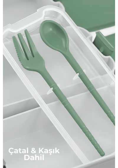 3 Katlı Bölmeli Lunchbox - Kilitli - Taşıma Saplı - Kaşık & Çatal Dahil G-770 Haki Haki
