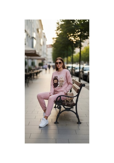 The Kadın Soft Touch Ayıcık Desenli %100 Pamuk Sweatshirt - Casual Fit- Krem/pembe Pembe