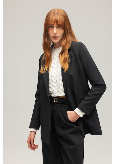 Sââde Kadın Tek Düğmeli Dokuma Kruvaze Blazer Ceket - Kuşaklı Siyah