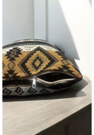 Kilim Desenli Kırlent Yüzü, Bohem Punch Kırlent Kılıfı, Nostaljik Desen Kırlent 45x45cm Sarı