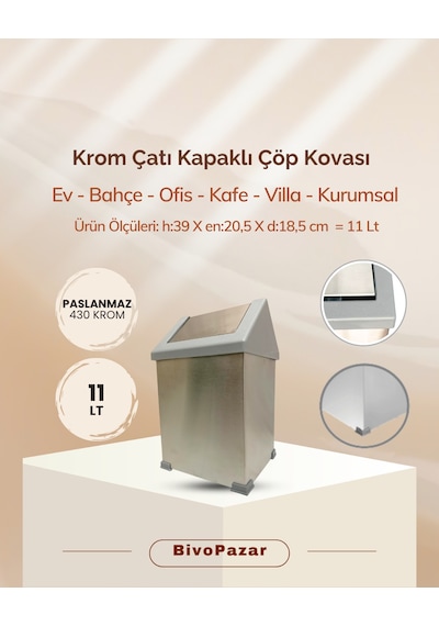 Krom Sallanır Çatı Kapaklı Çöp Kovası 11 Lt Krom