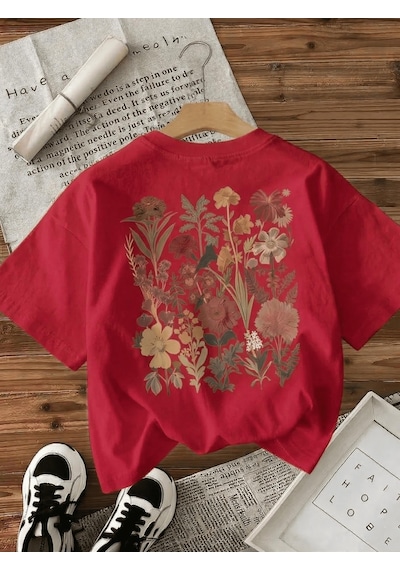 Retro Botanik Sırt Baskılı Çiçek Desenli Premium Kadın Oversize T-shirt Kirmizi