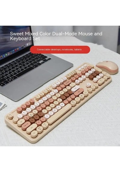Renkli Daktilo Tarzı Vintage Mekanik Klavye Mouse Pc Laptop Uyumlu Kablosuz